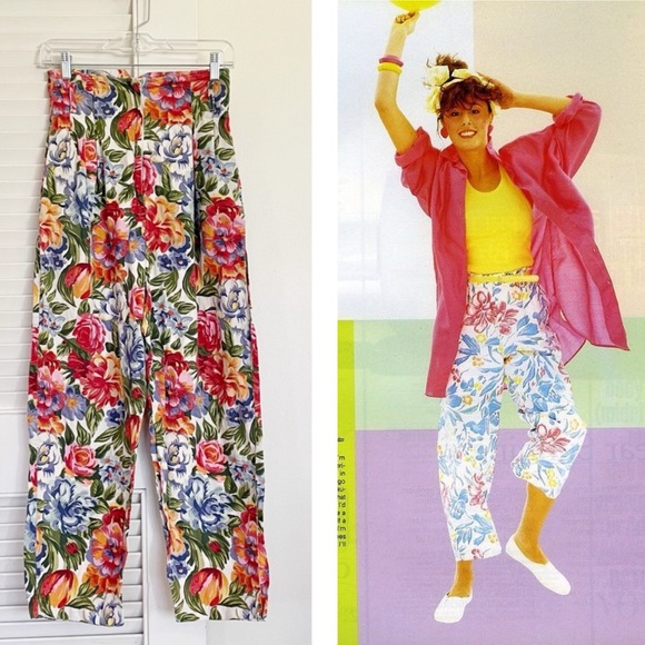 Vintage 90s Floral Cotton High-Waisted Trousers - Picture 2 of 10